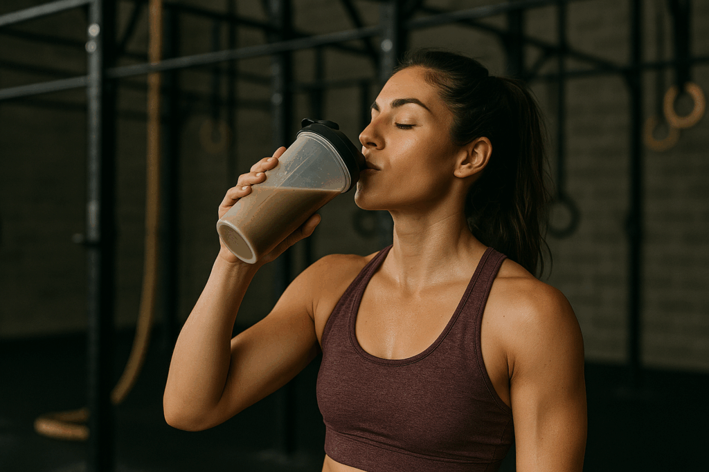 woman sipping protein shake inside crossfit gym