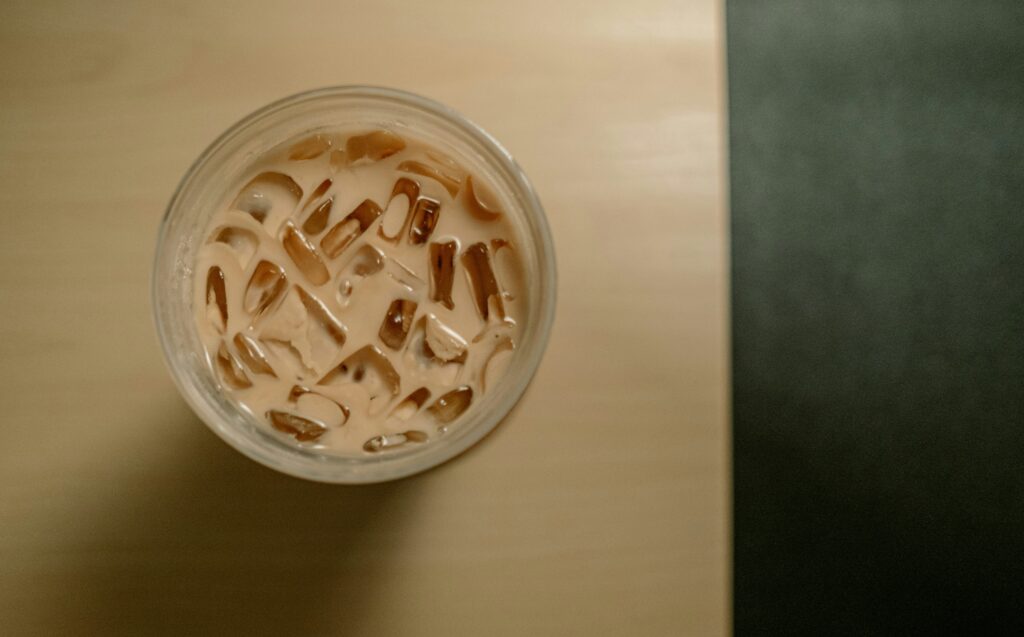 closeup of an iced latte on a table