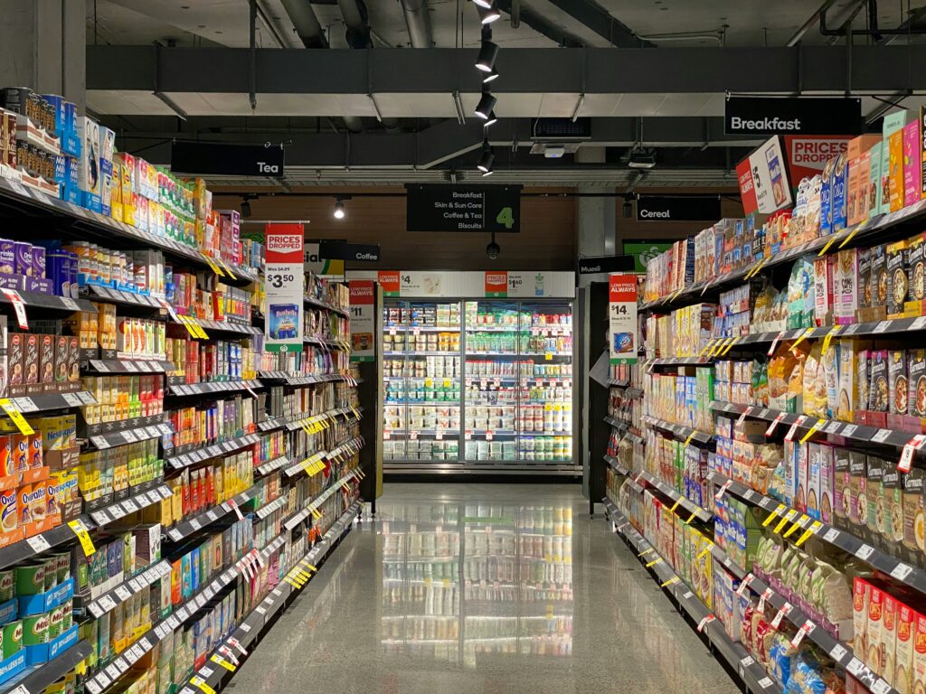 zoomed out view of a grocery aisle